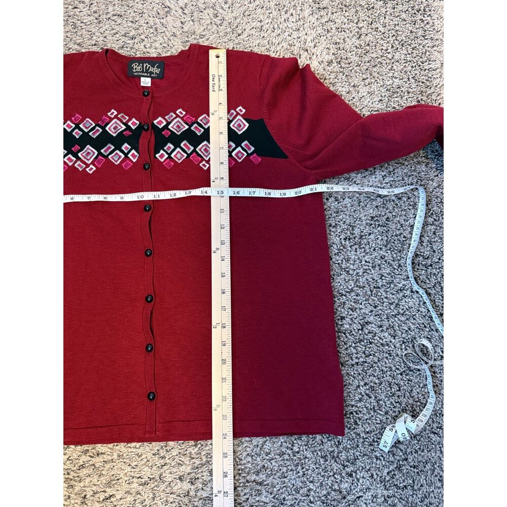 Vintage Bob Mackie Wearable Art Red Geometric Embroidered Cardigan Sweater Large - Picture 5 of 6